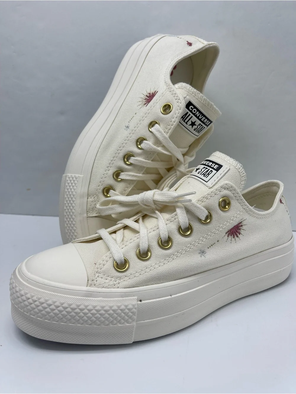 Converse STAC LIFT OX Platform Low Top Sneakers in Cream with Embroidered EGRET